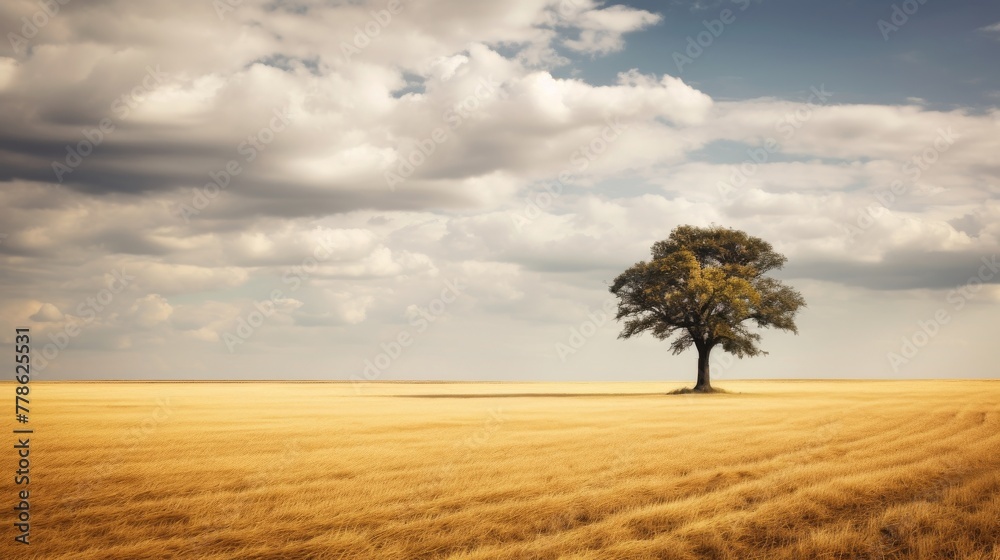 A lone tree standing in a vast field of ripe wheat under a sunny sky A lone tree standing in a vast field of ripe wheat under a sunny sky