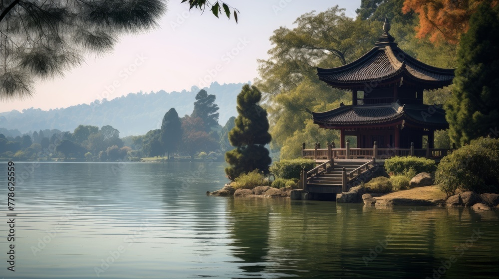 A peaceful pagoda on a lake shore with a blue sky and cloud reflection A peaceful pagoda on a lake shore with a blue sky and cloud reflection