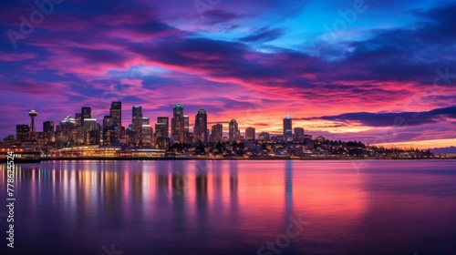 Twilight cityscape with dramatic skyline