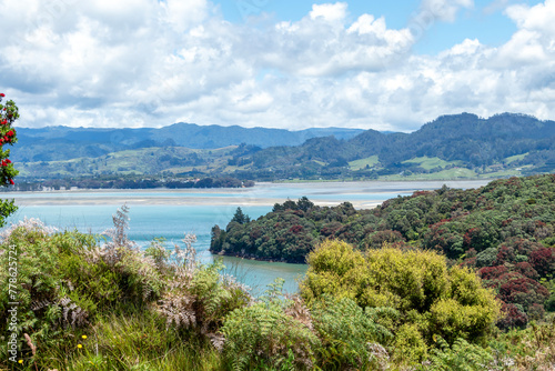 Bowentown Lookout   Maori pa site with beautiful views of the Anzac Bay with Pohutukawa blooming trees in Bay of Plenty  New Zealand