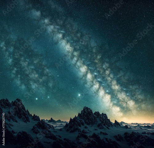 A night sky with stars and constellations in the background, with mountains in the foreground.