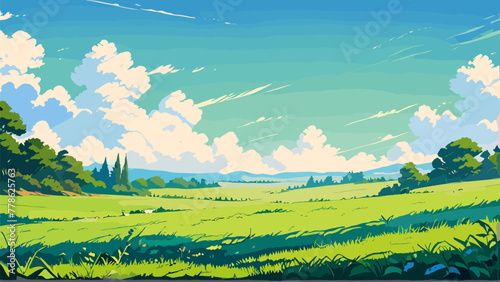 Relaxing Meadow View Vector Illustration