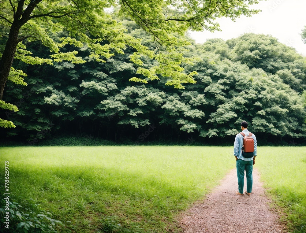 A person walking down a dirt path in a forest.