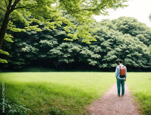 A person walking down a dirt path in a forest.