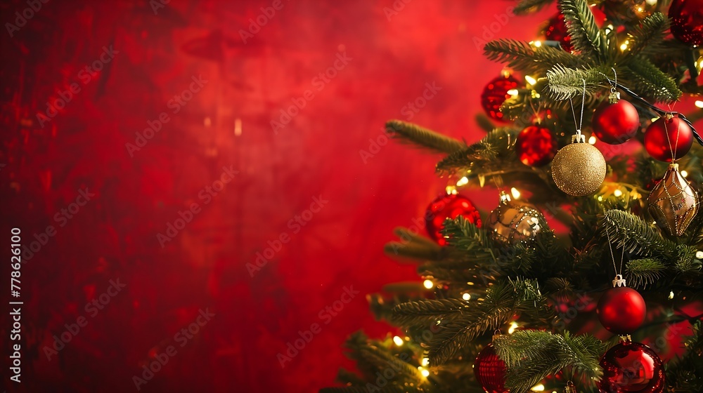 decorated Christmas tree adorned with shimmering ornaments and twinkling lights, against a red background