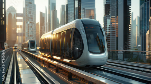 White Train Traveling Through City Next to Tall Buildings