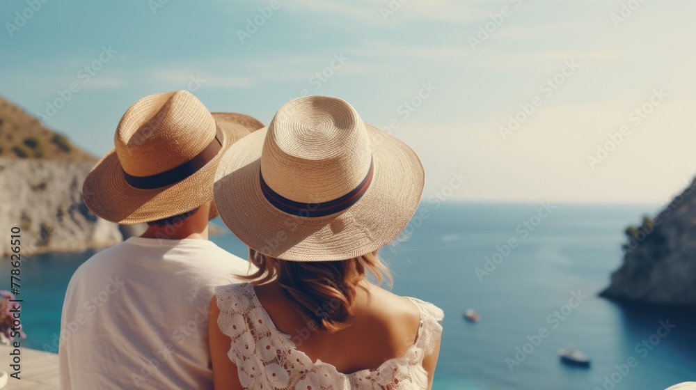 Couple is sitting on pier overlooking ocean