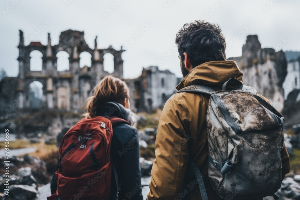 Man and woman are standing in front of ruined building