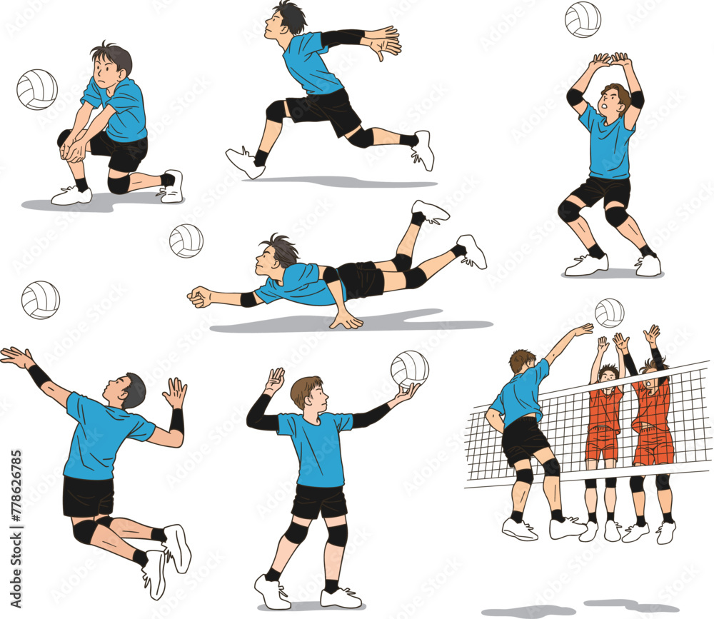 A set of various motions of male volleyball players
