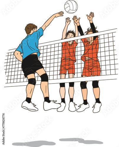 A male volleyball player attacking the ball and two players trying to block it