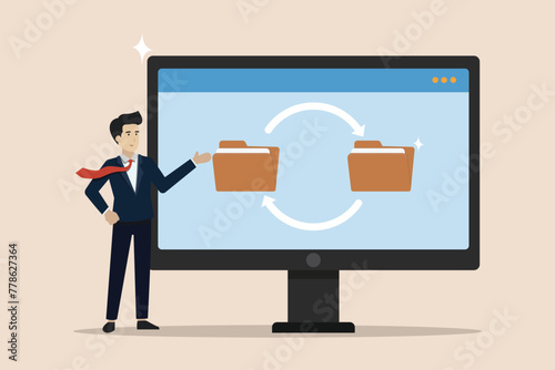 Data transfer backup on cloud server security process concept, businessman backup up data transfer on computer.