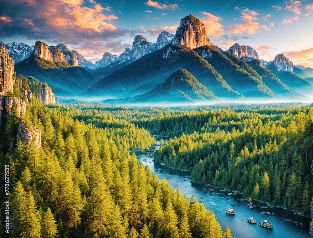 Obraz premium Serene Landscape with Mountains and River