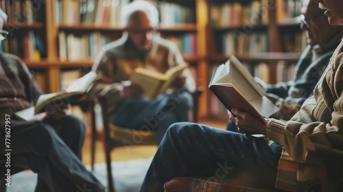 Senior males and females often join book clubs or discussion groups to stimulate their minds. photo