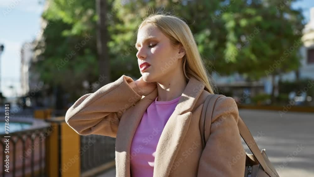 A young woman in pain holding her neck stands outdoors in a sunlit city park. A young woman in pain holding her neck stands outdoors in a sunlit city park.