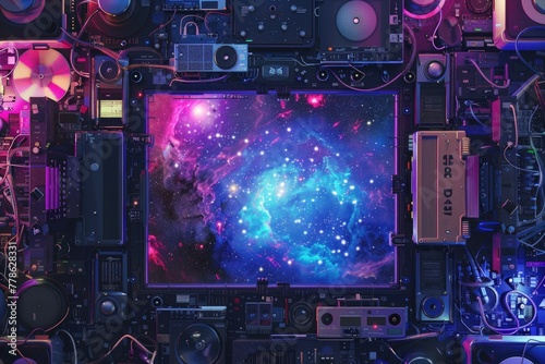 Vintage and modern audio equipment arrayed amidst a vibrant cosmic background with galaxies and stars photo