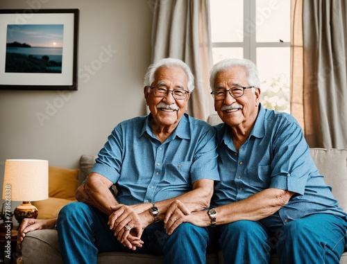 Two elderly men sitting on a couch in a living room.