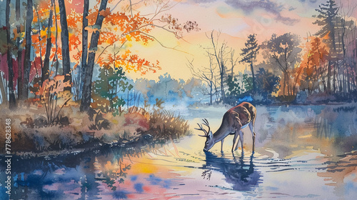 Deer drinking at forest river, watercolor, pastel dusk sky