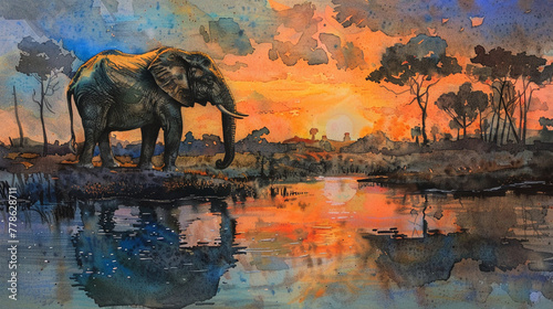 Elephant by forest waterhole, pastel watercolor, serene sunset