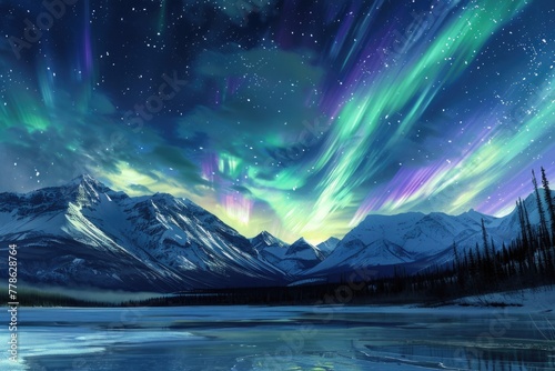 Breathtaking Northern Lights display over snowy mountains reflecting on a serene frozen lake