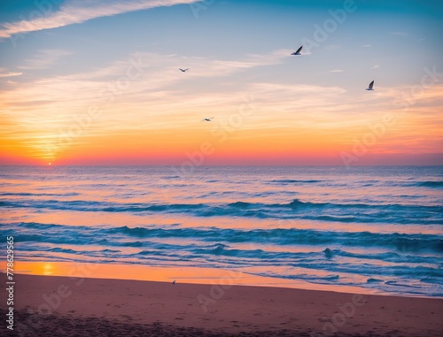 A beautiful sunset on the beach with birds flying in the sky.