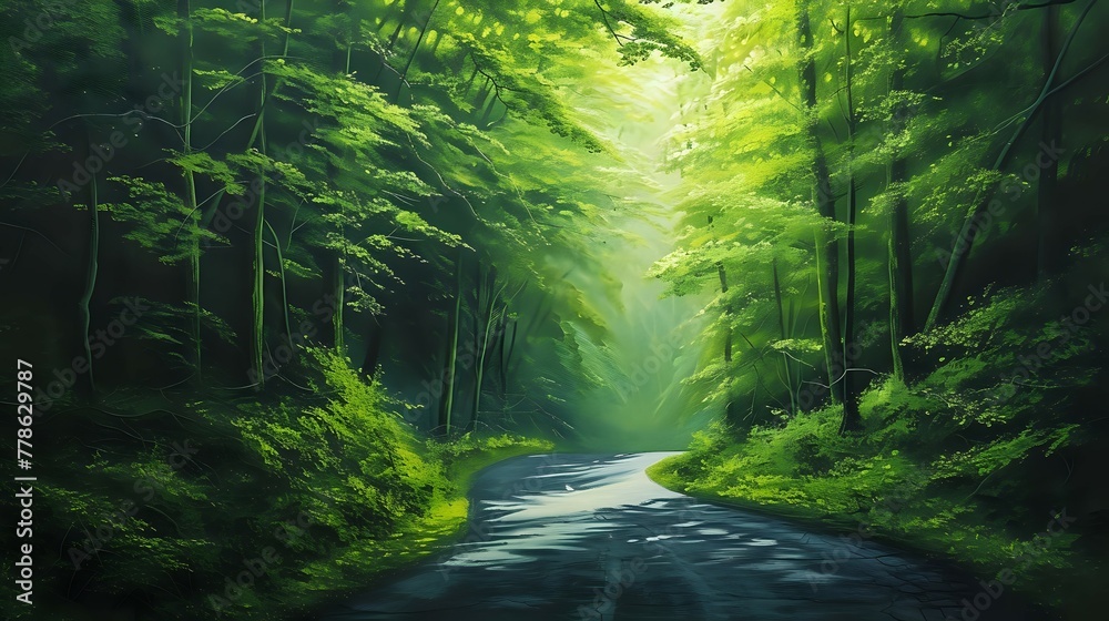 Fototapeta premium Serene Drive Through the Green Wilderness./n