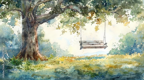 A swing under a large, shady tree. Watercolor painting. Use for wallpaper, posters, cards, brochures.