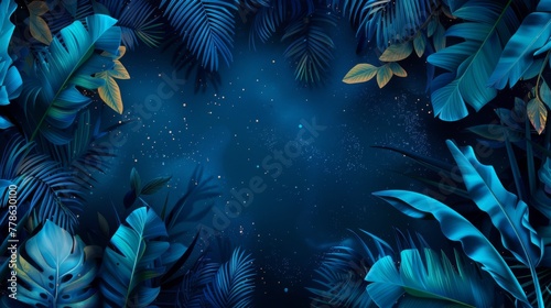 Tropical Leaves in Blue: Exotic Foliage Against Space Background