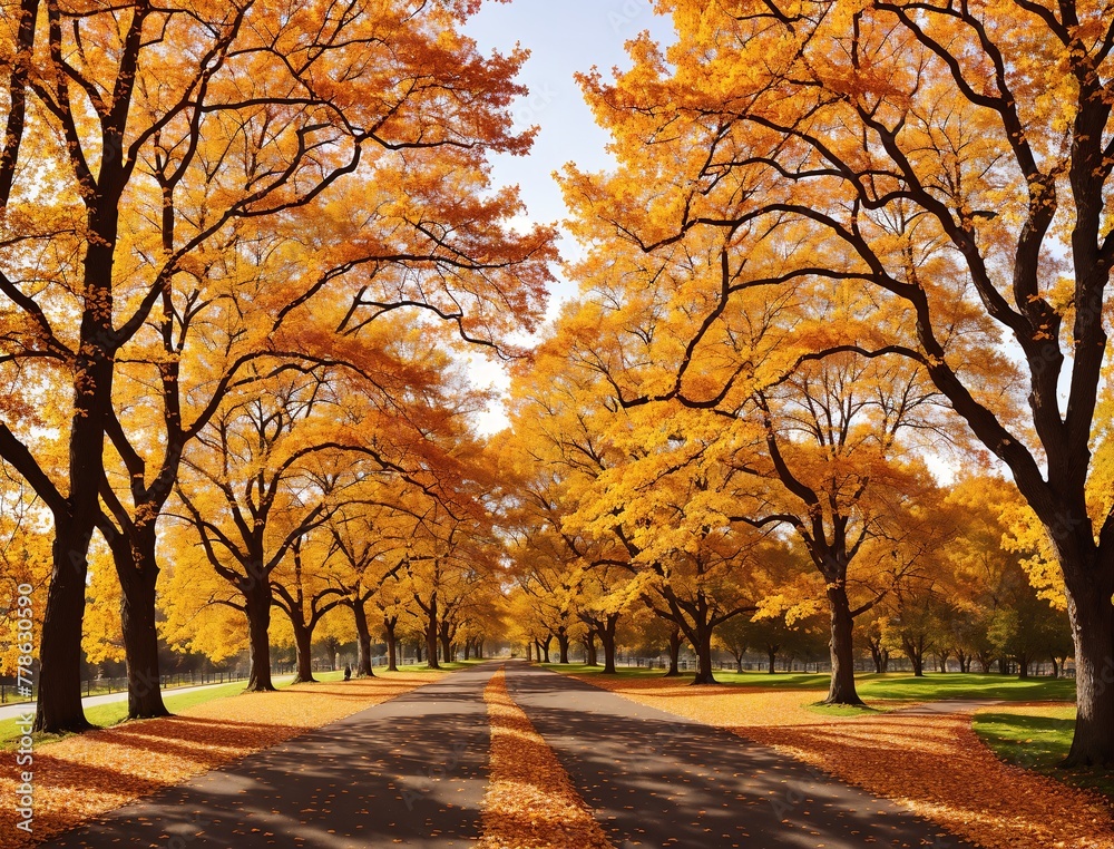 Naklejka premium A lane lined with trees in autumn colors.