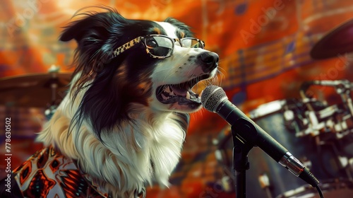 Border collie dog wearing cool glasses sings into a microphone during a rock music concert performance to provide a fun visual for creative advertising projects.
