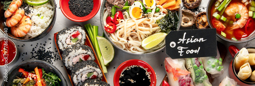 Asian food background with various ingredients.