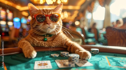 A cat dresses up like a fashion mogul wearing sunglasses and accessories playing poker in a luxury Las Vegas casino. photo