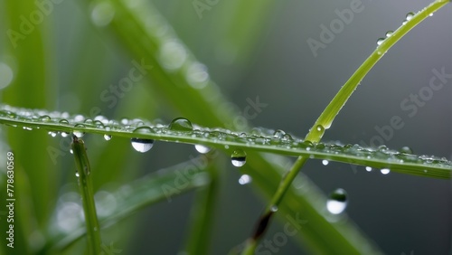 Dewdrops on green grass blades
