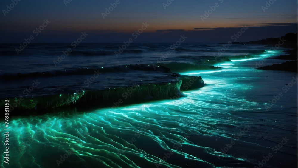 Bioluminescent waves crashing on a shoreline