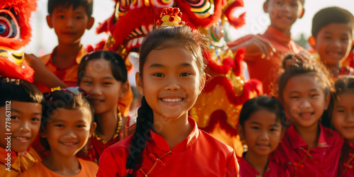 Happy Lunar New Year, Group of Children Beaming with Joy at Celebration