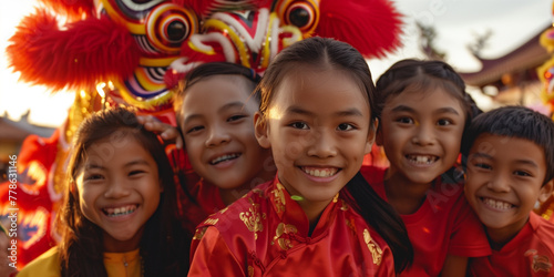 Joyous Chinese New Year, Group of Smiling Children Celebrating Festivities