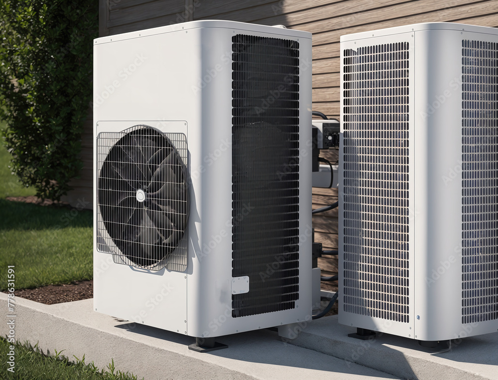 Two air conditioning units, one on the left and one on the right, sitting on a concrete slab in front of a house. Two air conditioning units, one on the left and one on the right, sitting on a concrete slab in front of a house.