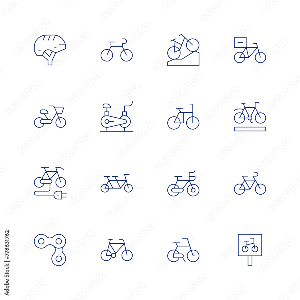 Bicycle line icon set on transparent background with editable stroke. Containing bike, biking, stationary bike, bicycle, mountain bike, parking sign, helmet, delivery bike, electric bike, chain.
