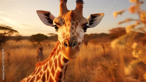 Cute giraffe looking at camera in African savannah 