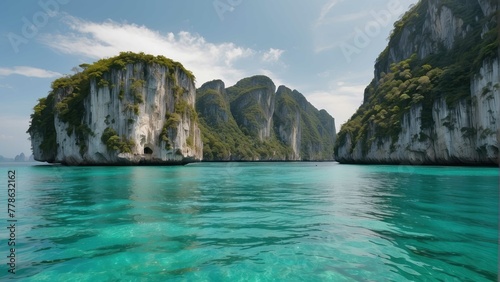 Breathtaking limestone cliffs above turquoise sea photo