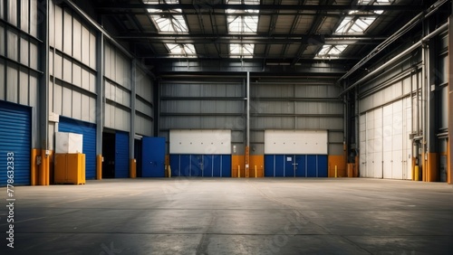 An expansive view of an empty industrial warehouse with multiple blue and yellow doors and clear floor space photo