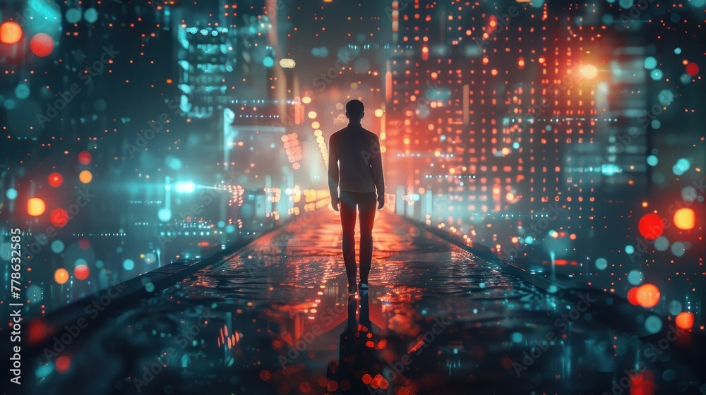 business technology concept Professional businessman walking on a futuristic city network and futuristic graphic interface at night,