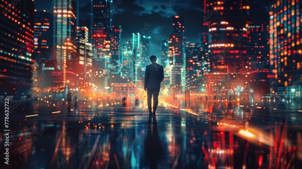 business technology concept Professional businessman walking on a futuristic city network and futuristic graphic interface at night, business technology concept Professional businessman walking on a futuristic city network and futuristic graphic interface at night,