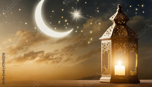 islamic greeting eid mubarak cards for muslim holidays eid ul adha festival celebration ramadan kareem background crescent moon and lantern lightning in sky © Robert