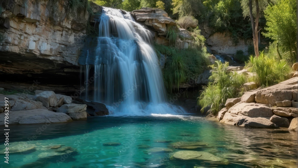 Tranquil waterfall in lush forest