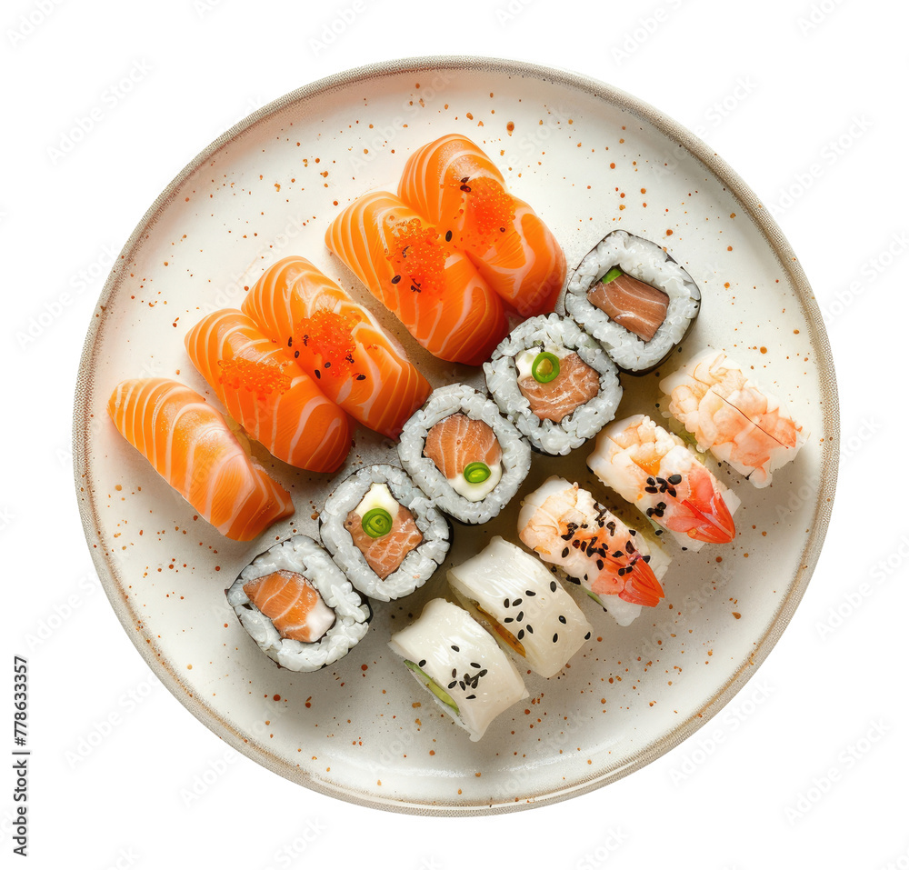 Plate with sushi isolated on transparent background, top view - obrazy, fototapety, plakaty 