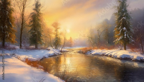 winter landscape with forest and river magical fantasy winter background digital art illustration © Robert