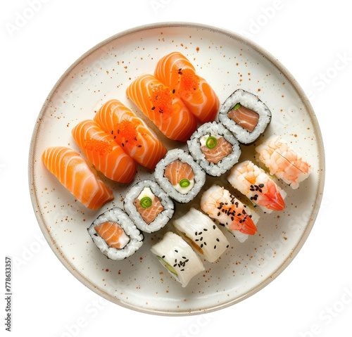 Plate with sushi isolated on transparent background, top view © Aleksandr Bryliaev