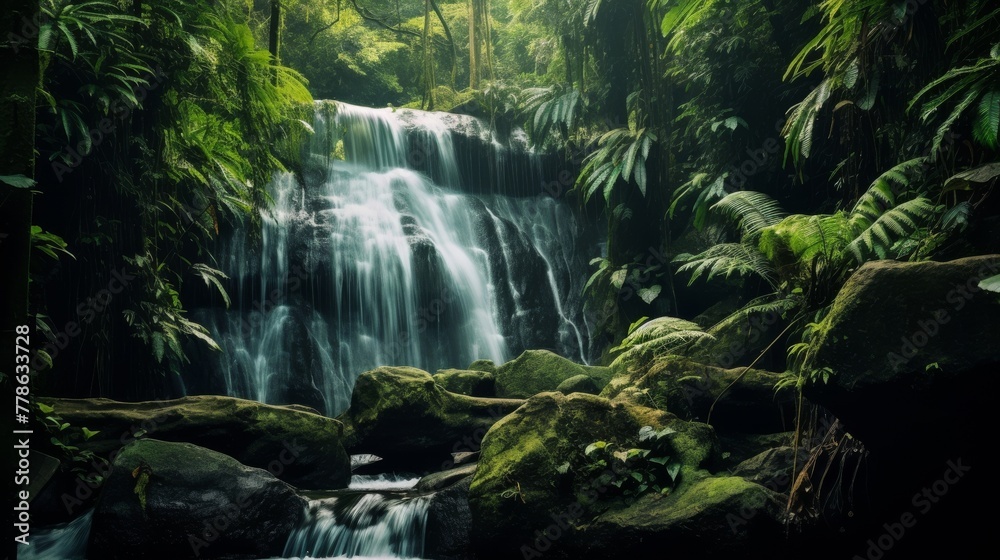 A spectacular waterfall drops from a high elevation into a clear pond
