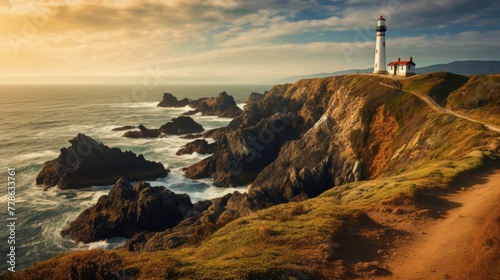 A beautiful and scenic landscape of a lighthouse on a cliff with a blue sky and a green sea