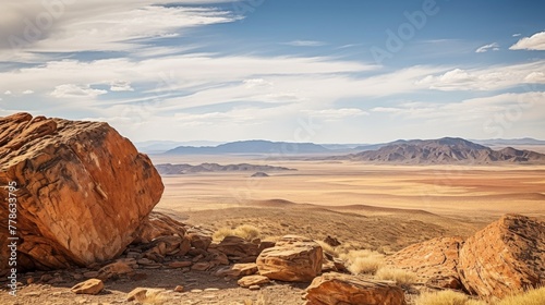 Breathtaking vista of a rocky outcrop overlooking a vast desert photo